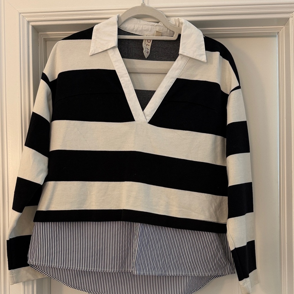 Dolan Black and White Striped Polo with Blue and White Striped attached Blouse